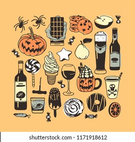 Hand drawn illustration candy, cookie, pumpkin, ice cream, cocktail. Creative ink art work. Actual vector drawing food and drink. Artistic isolated Halloween objects