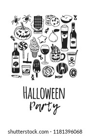 Hand drawn illustration candy, cookie, pumpkin, ice cream, cocktail. Creative ink art work. Actual vector drawing food and drink. Artistic isolated Halloween objects and text: Halloween Party