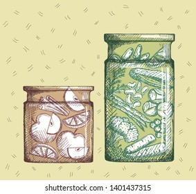 Hand drawn illustration with canned fruits and vegetables. Jam with apple and lemon slices and vegetable canned set.