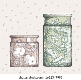 Hand drawn illustration with canned fruits and vegetables. Jam with apple and lemon slices and vegetable canned assorti.
