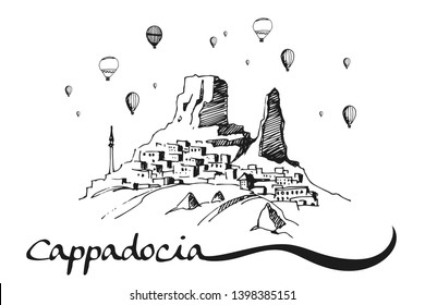 Hand drawn illustration Cappadocia, Turkey - caves, stones and ballons. Turkish famous symbol for print or poster design. Vector 