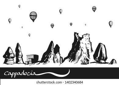 Hand drawn illustration Cappadocia, Turkey - caves, stones and ballons. Turkish famous symbol for print or poster design. Vector 