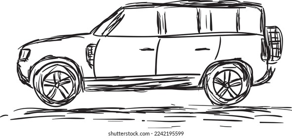 Hand drawn illustration of a car in black pencil on a white background. Drawing SUV.