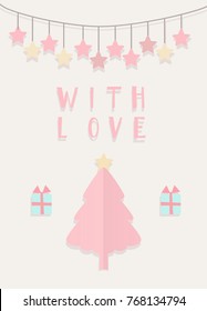 Hand drawn illustration for card template with christmas subject,and withes merry christmas and with love.It is executed in simple decorative-lovely style.
