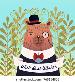 Hand drawn illustration for card template with bear,and and with an inscription with a pleasant wish.It is executed in simple decorative-lovely style.
