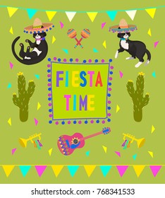 Hand drawn illustration for card template with cute cats in sombrero,and and with an inscription fiesta time .It is executed in simple decorative-lovely style.
