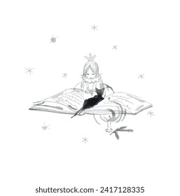 Hand drawn illustration. Cartoon illustration of an angel with an open book and a cat. Design for children's books