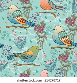 Hand drawn illustration with cartoon birds. floral background