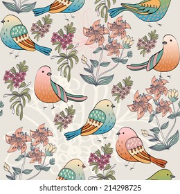 Hand drawn illustration with cartoon birds. floral background