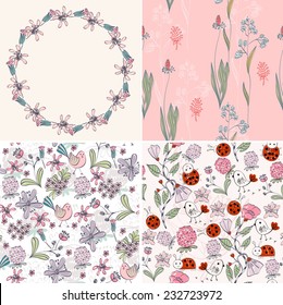Hand drawn illustration with cartoon birds. floral background