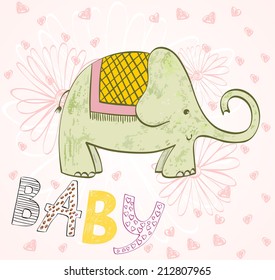 Hand drawn illustration with cartoon elephant. Invitation card