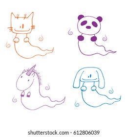 Hand drawn illustration of cartoon ghost animals: cat, panda, unicorn and dog in different colors. Design for children, postcard, sticker, T-shirt print.