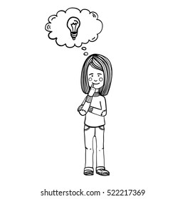 Hand drawn illustration of cartoon girl thinking or solving a problem, black a white, line art style drawing. Could be used a coloring page