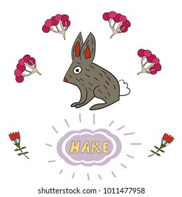 Hand drawn illustration of cartoon hare.  Lettering hare.
