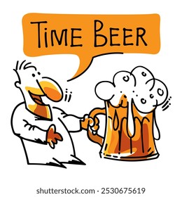 Hand drawn illustration, cartoon, man with beer mug on white background