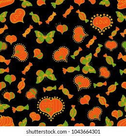 Hand drawn illustration in cartoon style. Graphic on black, orange and green colors. Art for web. Seamless pattern love pattern with nice lettering calligraphy text and hearts, doodles. Vector.