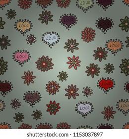 Hand drawn illustration in cartoon style. Graphic hearts love on gray, brown and black colors. Seamless love pattern with cute lettering calligraphy text and hearts, envelopes, doodles. Vector sketch.