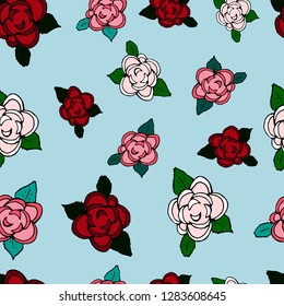Hand drawn illustration in cartoon style. Vector seamless pattern with roses - Valentine's Day, Mother's Day, Women's Day.