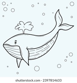 Hand drawn illustration of a cartoon whale with water spouts, surrounded by bubbles, in a simple line art style.