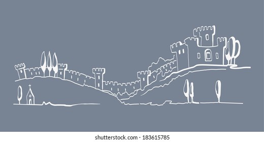 Hand drawn illustration of castle. EPS 10. No transparency. No gradients.