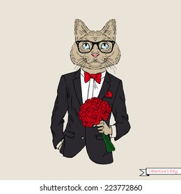 Hand drawn illustration of cat boy with roses, romantic design