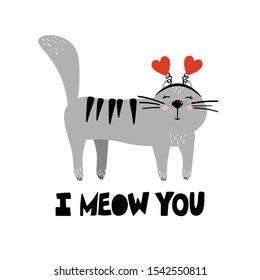 Hand drawn illustration with cat and english text. I meow you. Colorful cute background. Poster design with animal. Decorative backdrop vector. Funny card