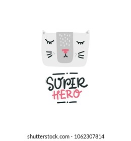 Hand drawn illustration of cat face. Cartoon character for kids, toddlers and babies fashion.