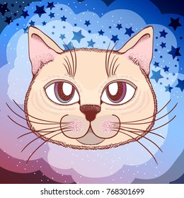 Hand drawn illustration of a cat face, with beautiful nature eyes, on a background of space.