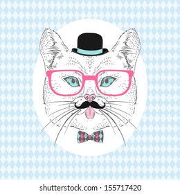 Hand Drawn Illustration of Cat Hipster with Mustache, Bowler Hat and Pink Glasses