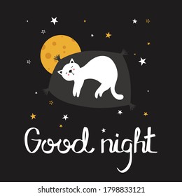 Hand drawn illustration with cat, moon, stars and lettering. Colorful cute background vector. Good night, poster design. Backdrop with english text, animal, sky. Funny card, phrase