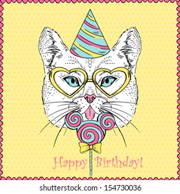 Hand Drawn Illustration of Cat in Party Hat, Heart shaped Glasses and Big Candy. Happy Birthday Greeting Card