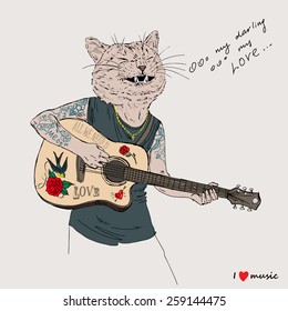 hand drawn illustration of cat playing guitar and singing love song, music poster