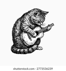hand drawn illustration of a cat playing guitar vector