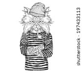 hand drawn illustration of cat sailor  in black and white