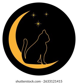 Hand drawn illustration of a cat silhouette on the moon with stars on a white background