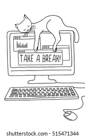 Hand Drawn Illustration Of A Cat Sleeping On A Computer Screen, Indicating That It's Time To Take A Break