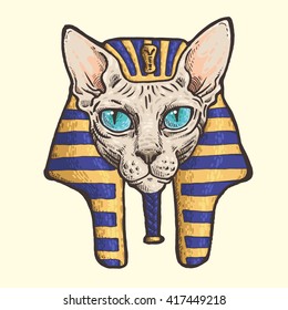 Hand drawn illustration of the cat sphinx in the headcloth of the pharaoh