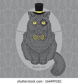 Hand Drawn Illustration of Cat in Top Hat and Monocle