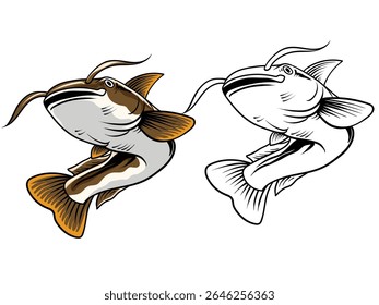 Hand Drawn Illustration of Catfish Isolated with black and white version
