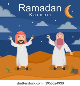 Hand drawn illustration of celebrating ramadhan and eid fitr in childish style. Little boys and girls dressed in Islamic clothing standing in front of the mosque cartoon design template