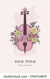 Hand drawn illustration of cello and flowers