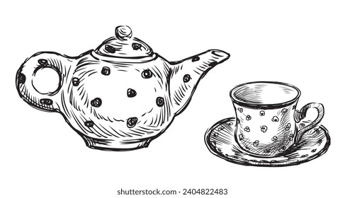 Hand drawn illustration of ceramic tea pot with tea cup on saucer isolated on white