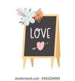 Hand drawn illustration of chalkboard, easel decorated with flowers for wedding day.