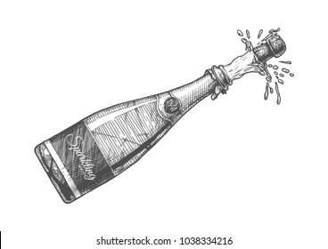 Hand drawn Illustration of  Champagne explosion. Sparkling wine Isolated on white background in vintage engraved style.