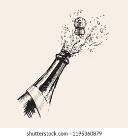 Hand drawn Illustration of Champagne explosion. Alcohol drink splash with bubbles.