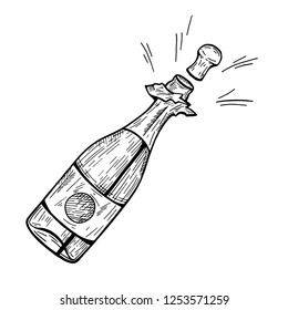 Illustration dessinée à la main de l'explosion de Champagne. Vin Étincelant Isolé sur fond blanc dans un style gravé vintage.