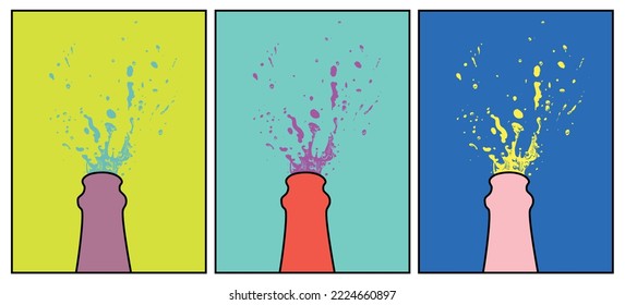 Hand drawn Illustration of Champagne explosion. Memphis. Hand drawn Illustration of Champagne explosion. Vector Illustration. Pop Art. Modern art. New Year