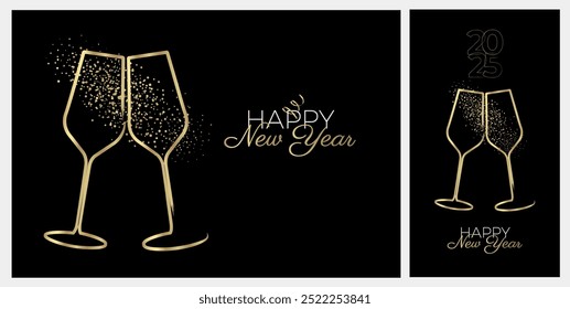 Hand drawn illustration of champagne glasses and bubbles. Design for event celebration, anniversary, New Year, congratulation. Vector.