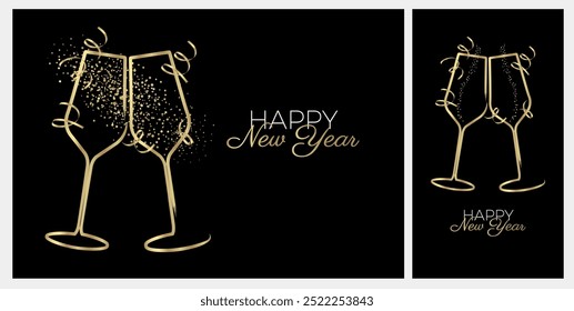 Hand drawn illustration of champagne glasses, bubbles and streamers. Design for event celebration, anniversary, New Year, congratulation. Vector.