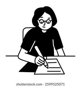 A hand drawn illustration of a character doing report writing 
